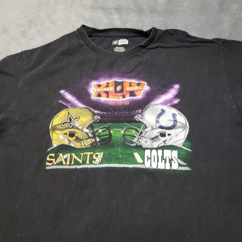 Colts Saints Shirt Mens Large Short Sleeve Black Super Bowl XLIV 2010‎ Logo Top